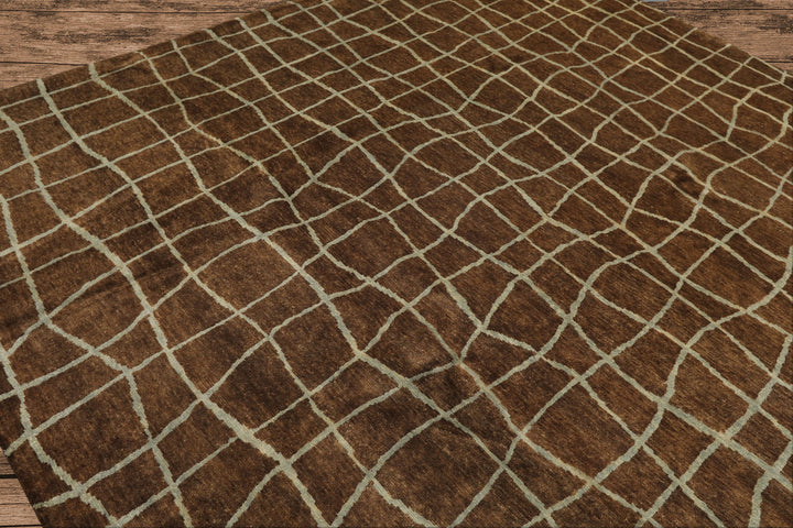 8x10 Brown, Aqua, Color Hand Knotted Tibetan Wool Modern &amp; Contemporary Oriental Rug