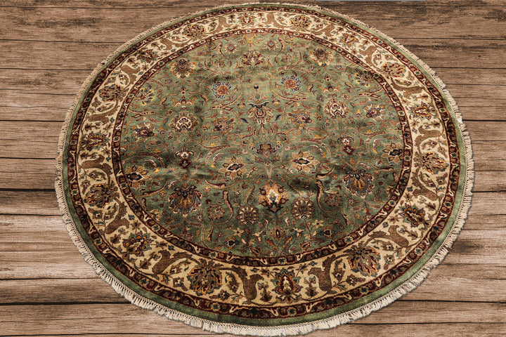 8 Round Sage, Beige, Maroon Color Hand Knotted Agra New Zealand Wool &amp; Silk Traditional Oriental Rug