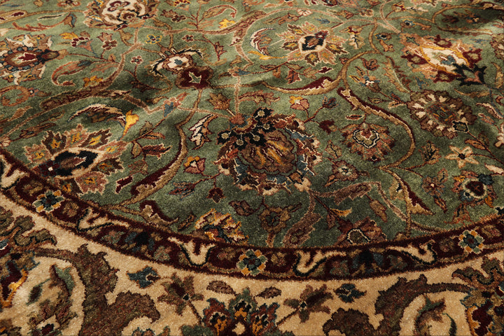 8 Round Sage, Beige, Maroon Color Hand Knotted Agra New Zealand Wool &amp; Silk Traditional Oriental Rug