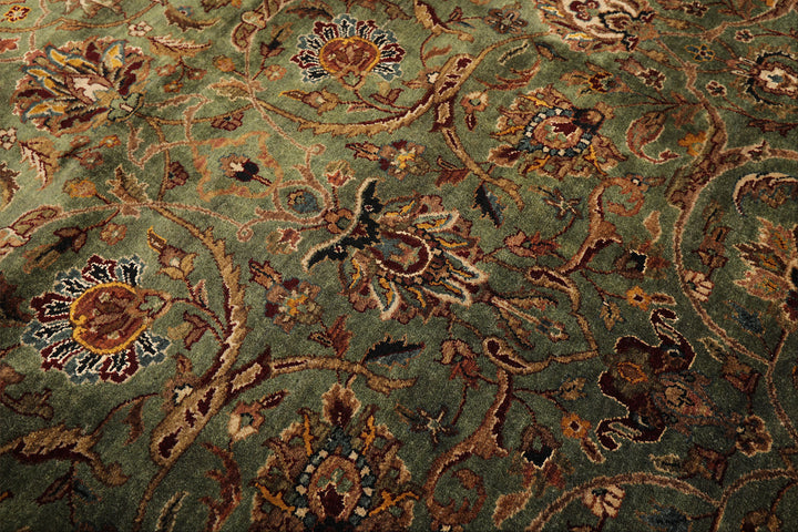 8 Round Sage, Beige, Maroon Color Hand Knotted Agra New Zealand Wool &amp; Silk Traditional Oriental Rug