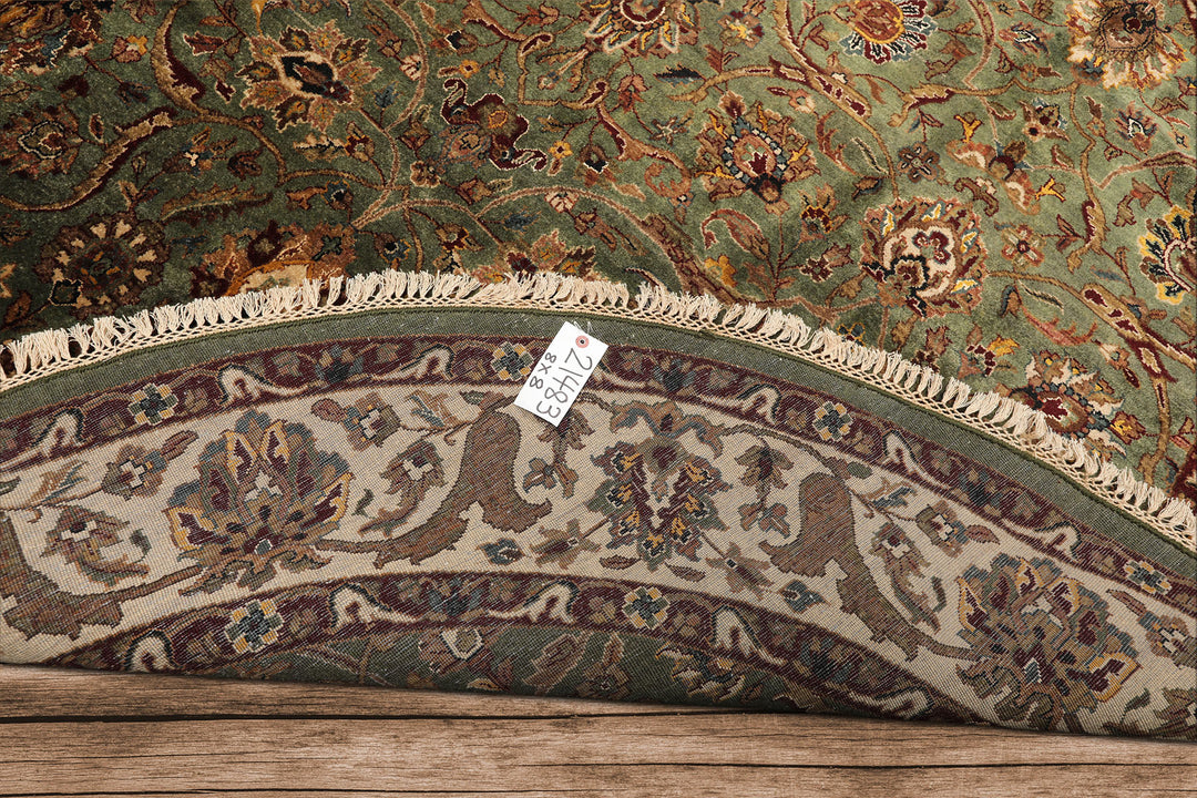 8 Round Sage, Beige, Maroon Color Hand Knotted Agra New Zealand Wool &amp; Silk Traditional Oriental Rug