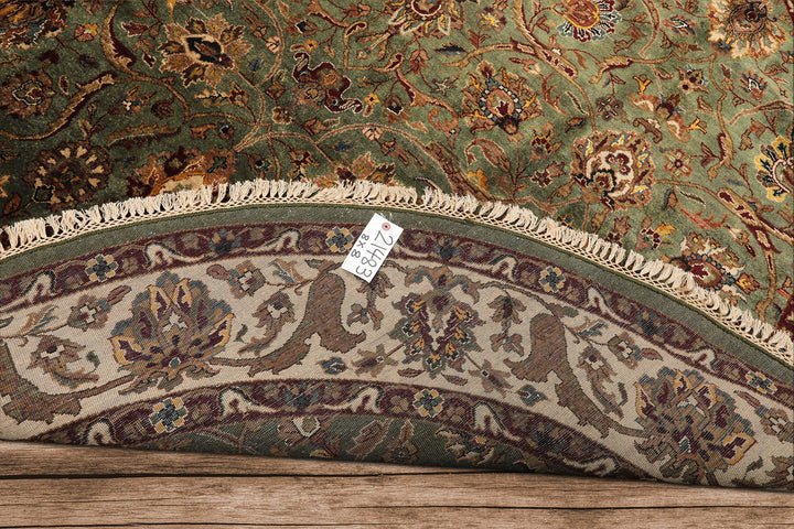 8 Round Sage, Beige, Maroon Color Hand Knotted Agra New Zealand Wool &amp; Silk Traditional Oriental Rug