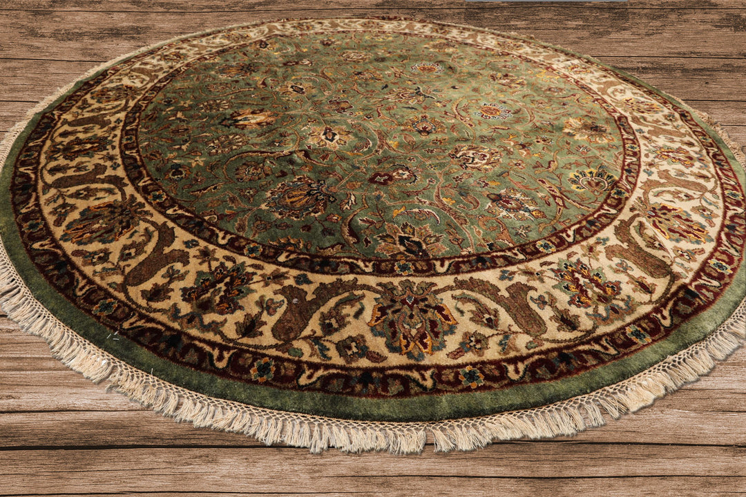 8 Round Sage, Beige, Maroon Color Hand Knotted Agra New Zealand Wool &amp; Silk Traditional Oriental Rug