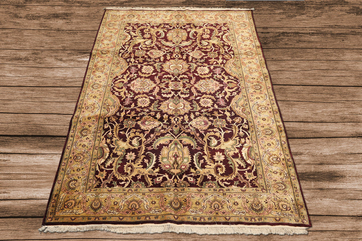 6x9 Maroon, Gold, Sage Color Hand Knotted Agra New Zealand Wool Traditional Oriental Rug