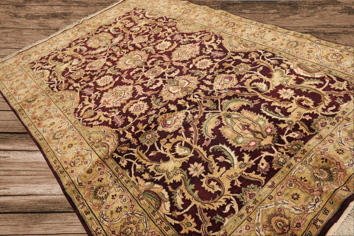 6x9 Maroon, Gold, Sage Color Hand Knotted Agra New Zealand Wool Traditional Oriental Rug