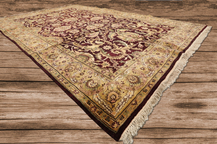 6x9 Maroon, Gold, Sage Color Hand Knotted Agra New Zealand Wool Traditional Oriental Rug