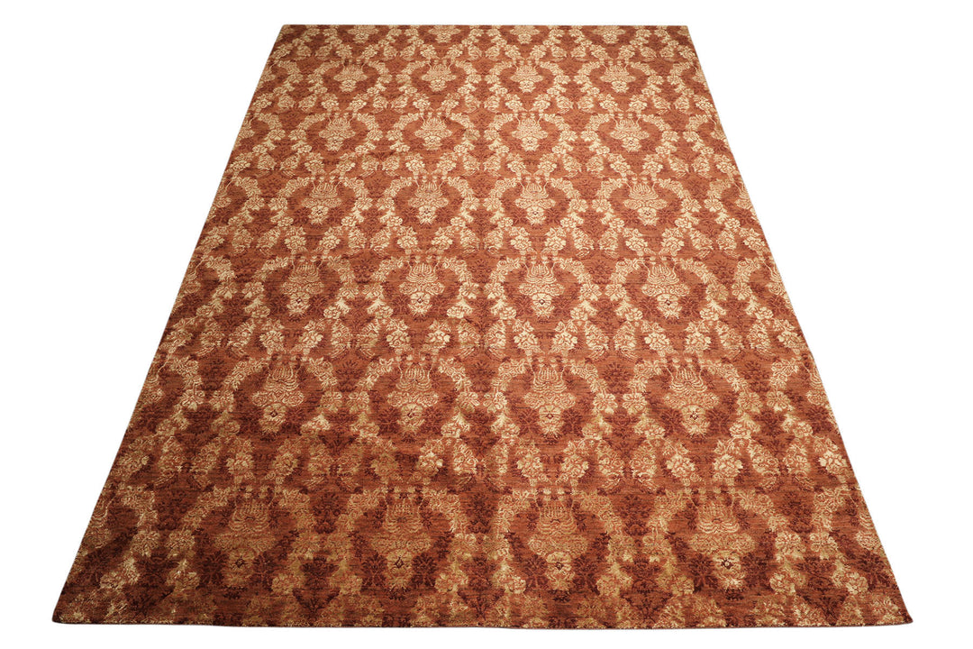 10x14 Rust, Burnt Orange, Pistachio Color Hand Knotted Tibetan Wool &amp; Bamboo Silk Transitional Oriental Rug