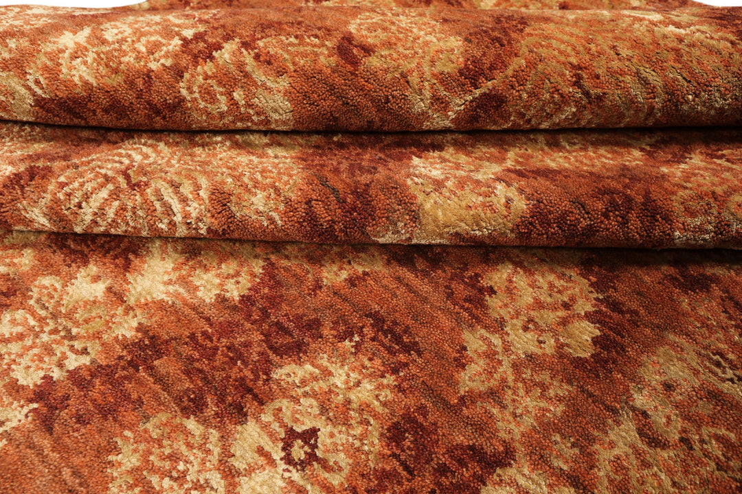 10x14 Rust, Burnt Orange, Pistachio Color Hand Knotted Tibetan Wool &amp; Bamboo Silk Transitional Oriental Rug