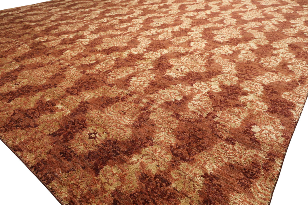 10x14 Rust, Burnt Orange, Pistachio Color Hand Knotted Tibetan Wool &amp; Bamboo Silk Transitional Oriental Rug