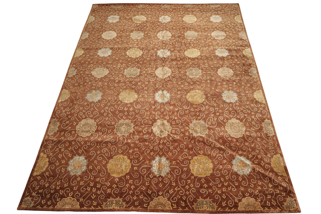 10x14 Mocha, Gold, Beige Color Hand Knotted Tibetan Wool &amp; Bamboo Silk Transitional Oriental Rug