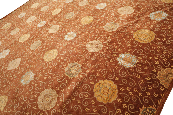 10x14 Mocha, Gold, Beige Color Hand Knotted Tibetan Wool &amp; Bamboo Silk Transitional Oriental Rug