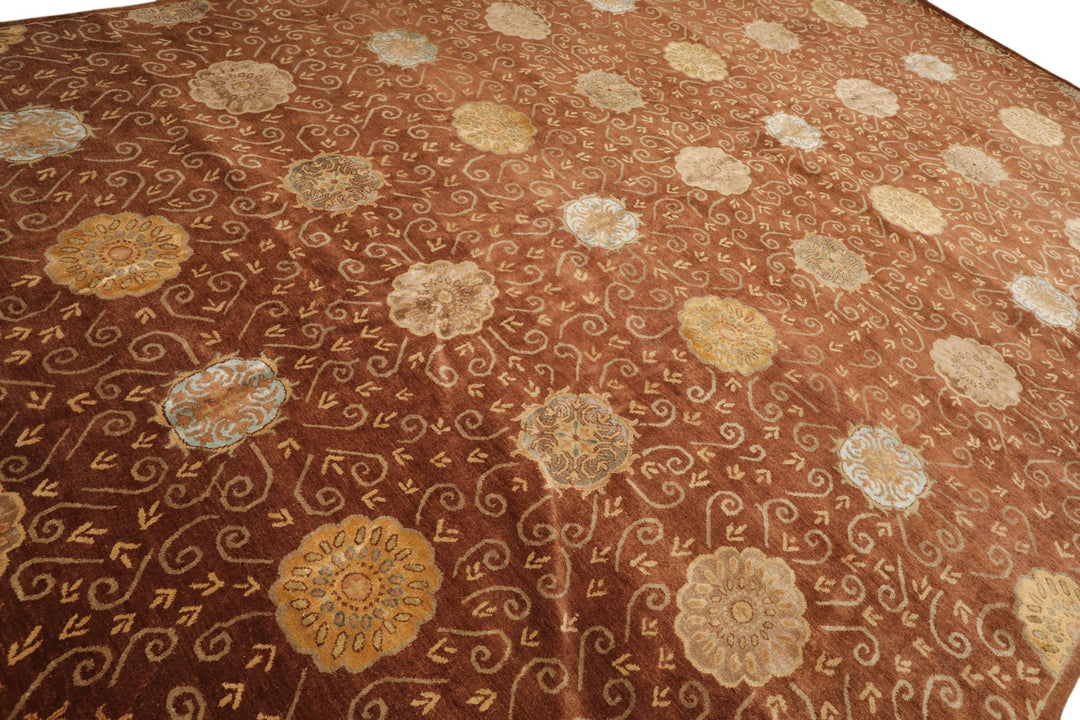 10x14 Mocha, Gold, Beige Color Hand Knotted Tibetan Wool &amp; Bamboo Silk Transitional Oriental Rug