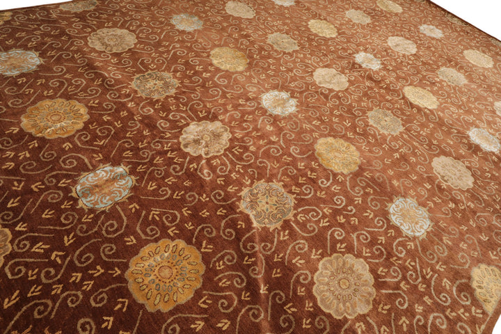 10x14 Mocha, Gold, Beige Color Hand Knotted Tibetan Wool &amp; Bamboo Silk Transitional Oriental Rug