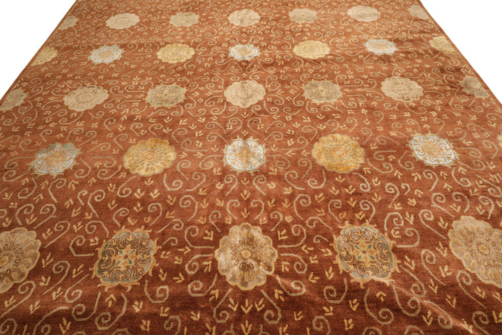 10x14 Mocha, Gold, Beige Color Hand Knotted Tibetan Wool &amp; Bamboo Silk Transitional Oriental Rug