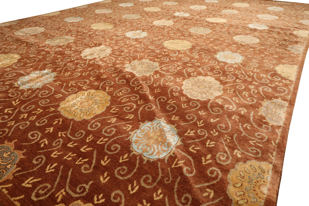 10x14 Mocha, Gold, Beige Color Hand Knotted Tibetan Wool &amp; Bamboo Silk Transitional Oriental Rug