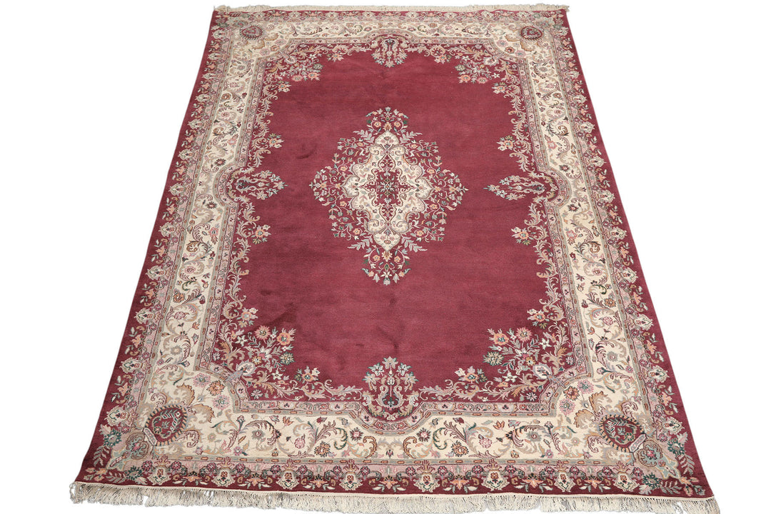 9x12 Plum, Ivory, Rose Color Hand Knotted Indo Kerman Wool Traditional Oriental Rug