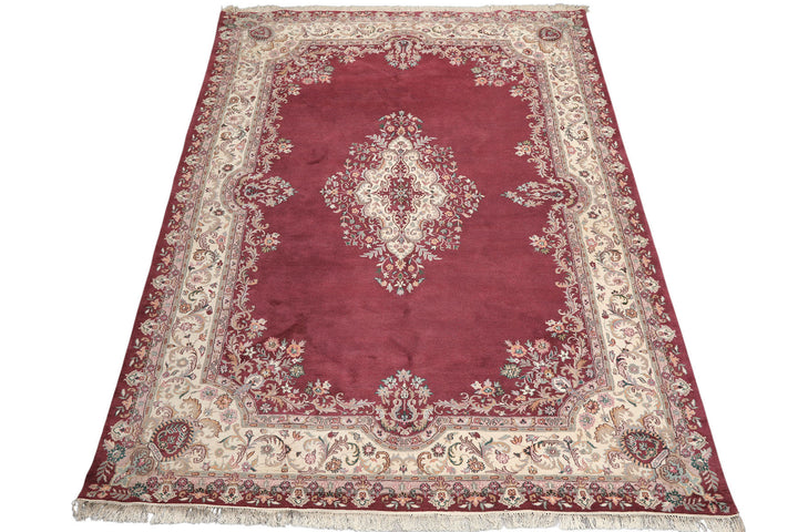 9x12 Plum, Ivory, Rose Color Hand Knotted Indo Kerman Wool Traditional Oriental Rug