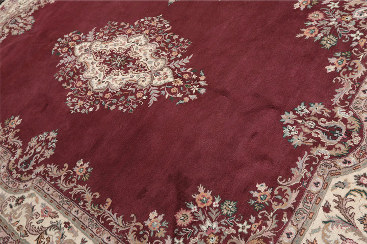 9x12 Plum, Ivory, Rose Color Hand Knotted Indo Kerman Wool Traditional Oriental Rug