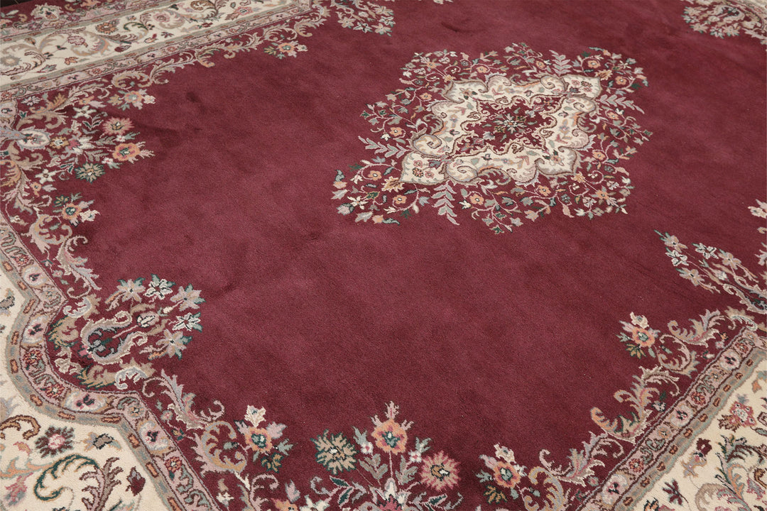 9x12 Plum, Ivory, Rose Color Hand Knotted Indo Kerman Wool Traditional Oriental Rug