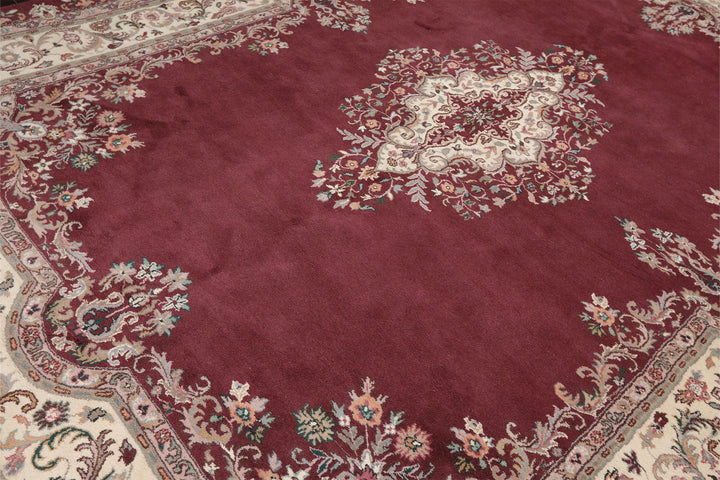 9x12 Plum, Ivory, Rose Color Hand Knotted Indo Kerman Wool Traditional Oriental Rug