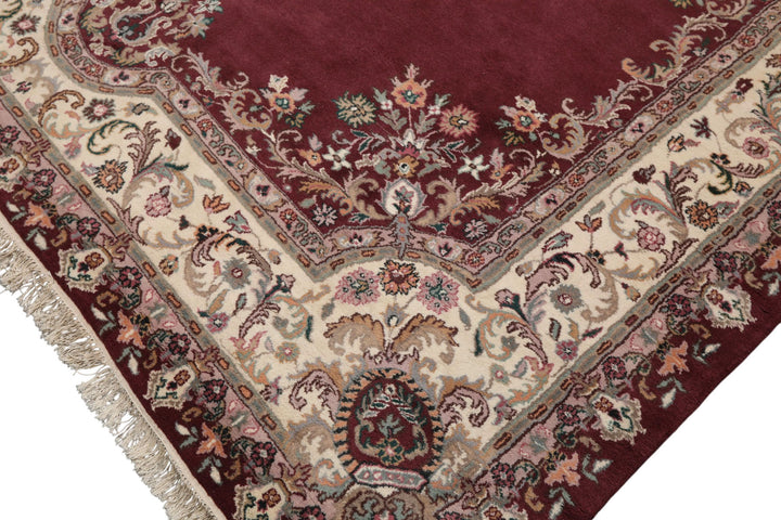 9x12 Plum, Ivory, Rose Color Hand Knotted Indo Kerman Wool Traditional Oriental Rug