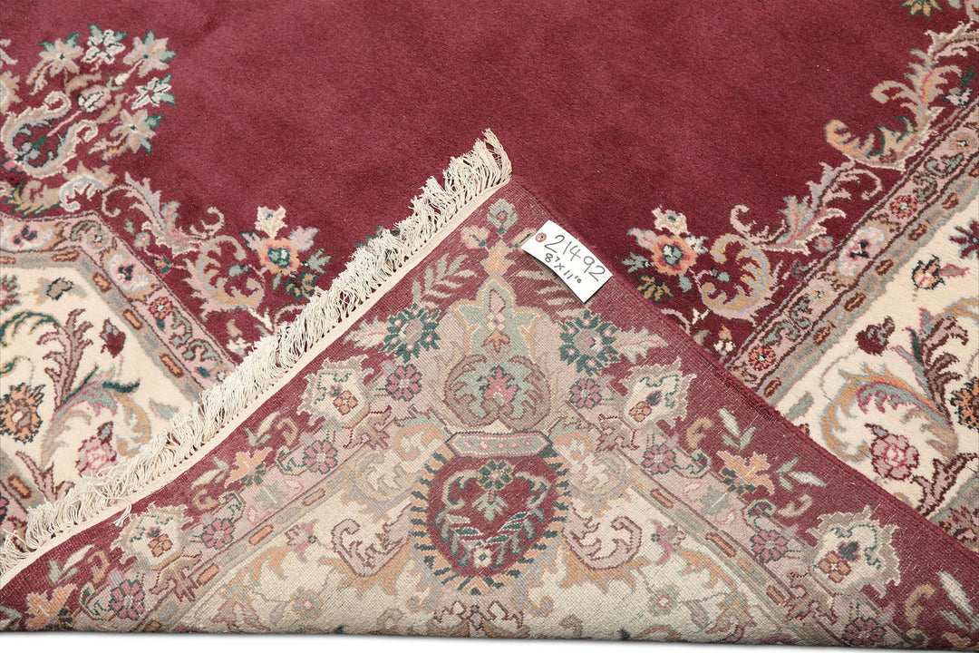 9x12 Plum, Ivory, Rose Color Hand Knotted Indo Kerman Wool Traditional Oriental Rug