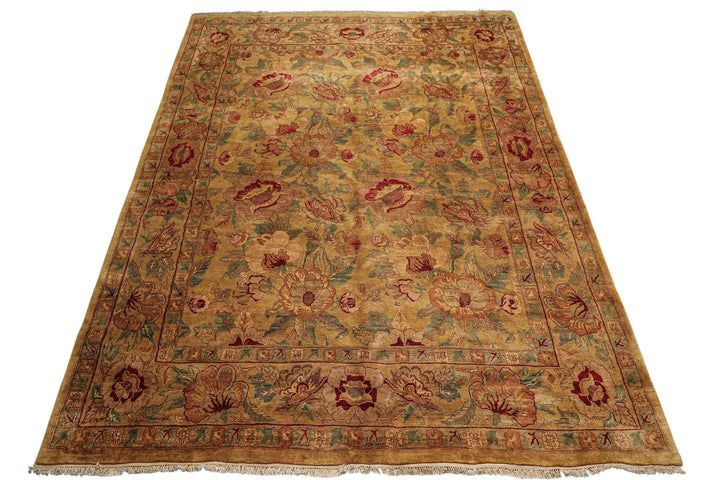 9x12 Gold, Sage, Red Color Hand Knotted Agra Wool Traditional Oriental Rug