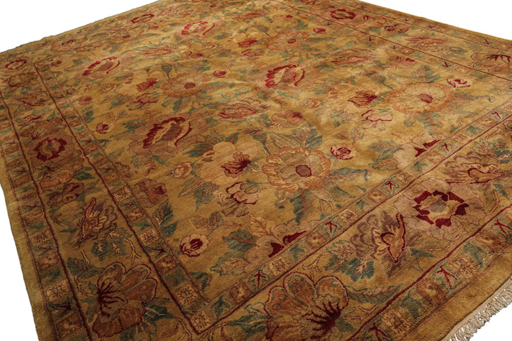 9x12 Gold, Sage, Red Color Hand Knotted Agra Wool Traditional Oriental Rug