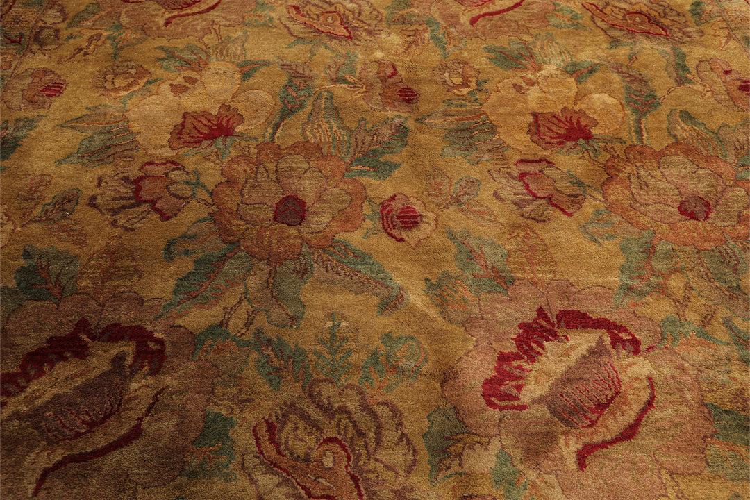 9x12 Gold, Sage, Red Color Hand Knotted Agra Wool Traditional Oriental Rug
