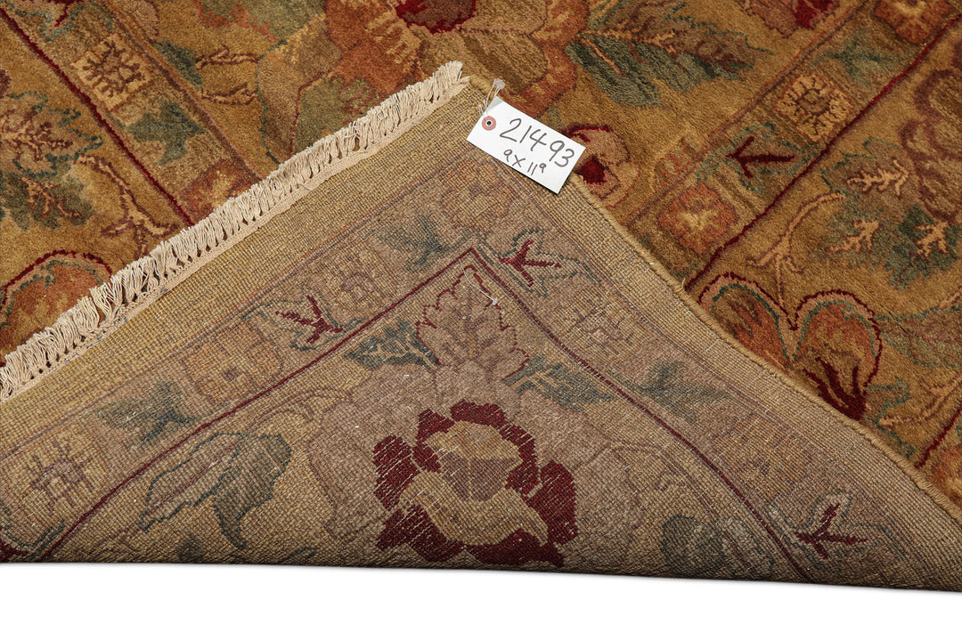9x12 Gold, Sage, Red Color Hand Knotted Agra Wool Traditional Oriental Rug