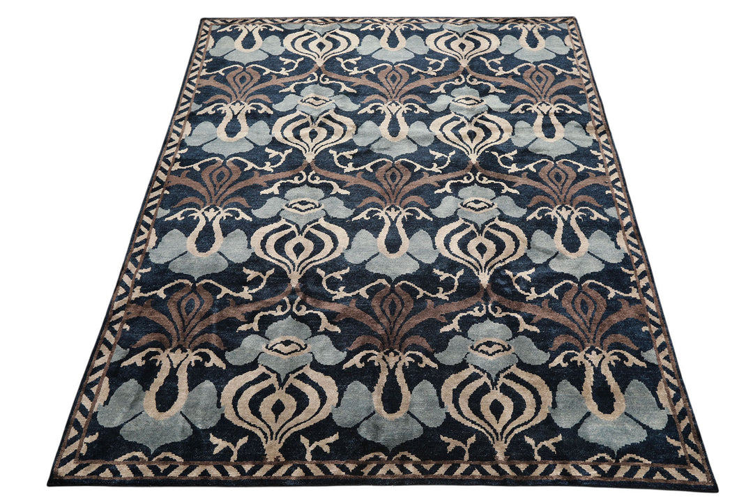 8x10 Navy, Taupe, Blue Color Hand Knotted Tibetan Wool Transitional Oriental Rug