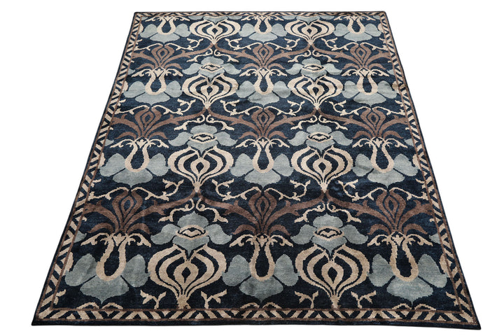 8x10 Navy, Taupe, Blue Color Hand Knotted Tibetan Wool Transitional Oriental Rug