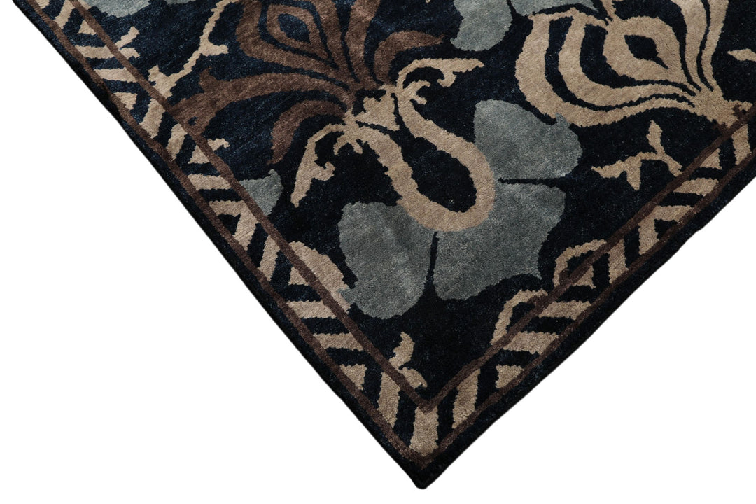 8x10 Navy, Taupe, Blue Color Hand Knotted Tibetan Wool Transitional Oriental Rug