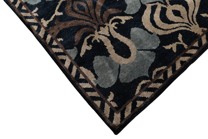 8x10 Navy, Taupe, Blue Color Hand Knotted Tibetan Wool Transitional Oriental Rug
