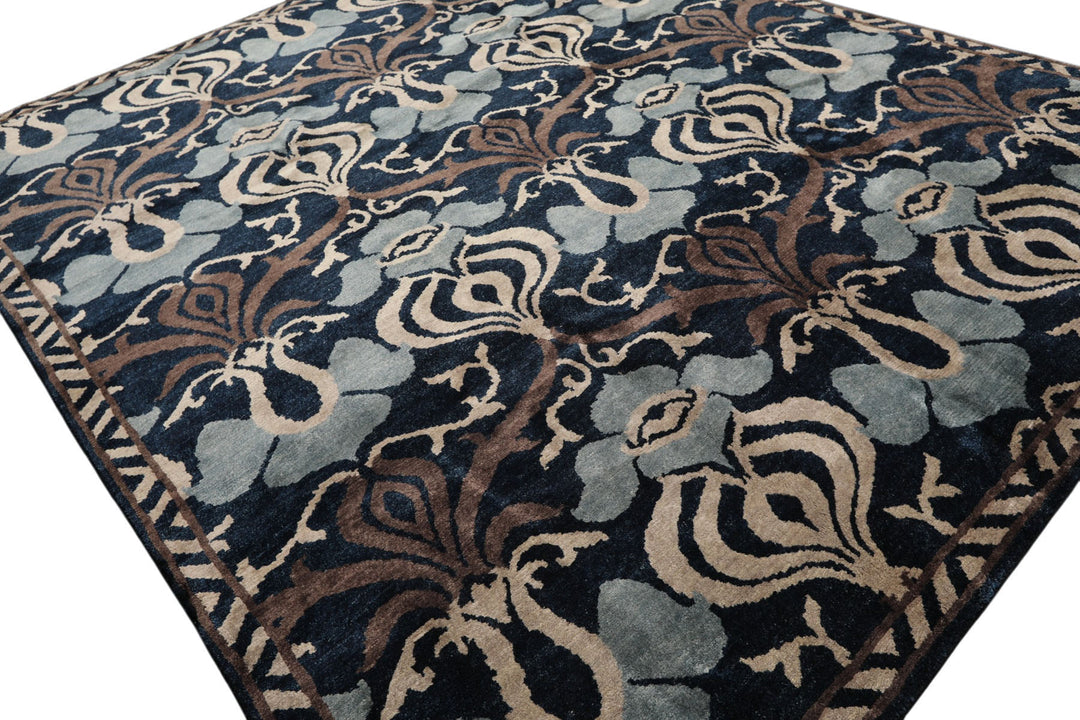 8x10 Navy, Taupe, Blue Color Hand Knotted Tibetan Wool Transitional Oriental Rug