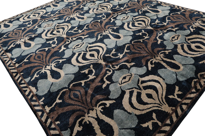 8x10 Navy, Taupe, Blue Color Hand Knotted Tibetan Wool Transitional Oriental Rug