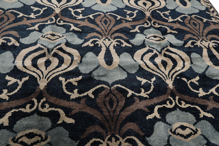 8x10 Navy, Taupe, Blue Color Hand Knotted Tibetan Wool Transitional Oriental Rug