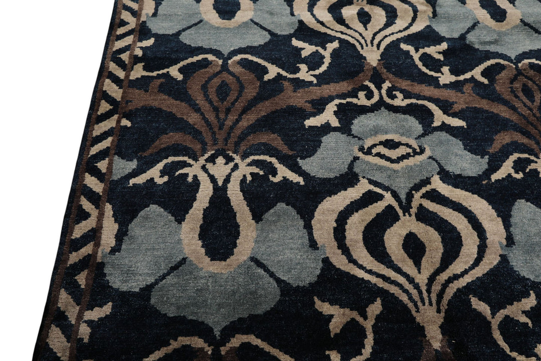 8x10 Navy, Taupe, Blue Color Hand Knotted Tibetan Wool Transitional Oriental Rug