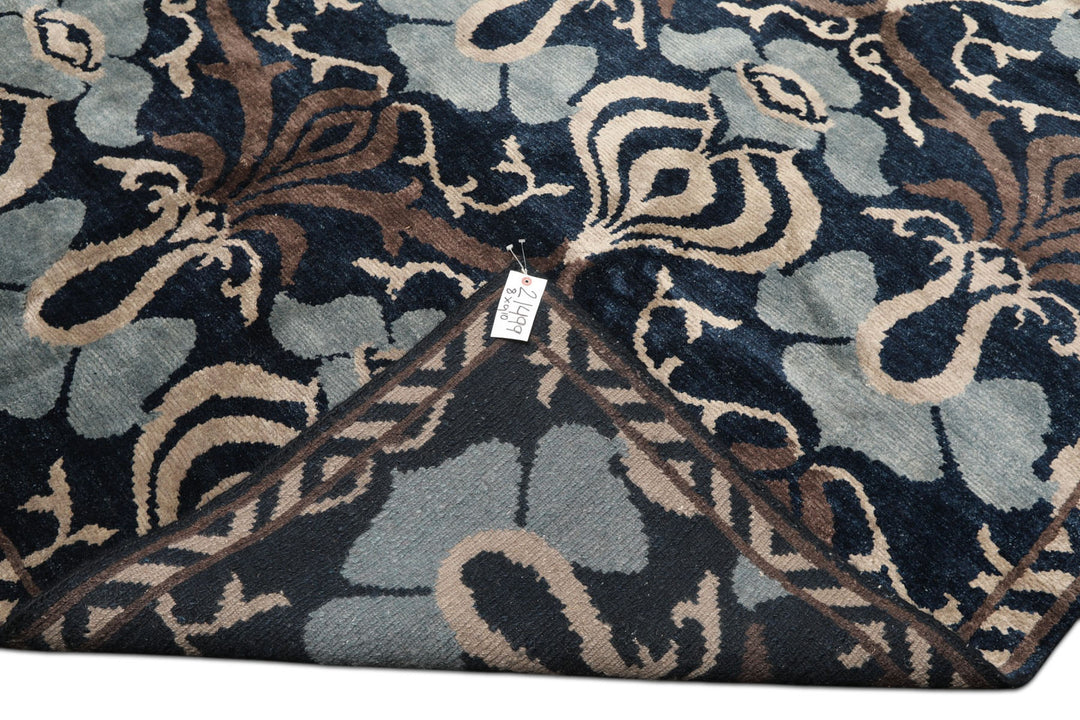 8x10 Navy, Taupe, Blue Color Hand Knotted Tibetan Wool Transitional Oriental Rug
