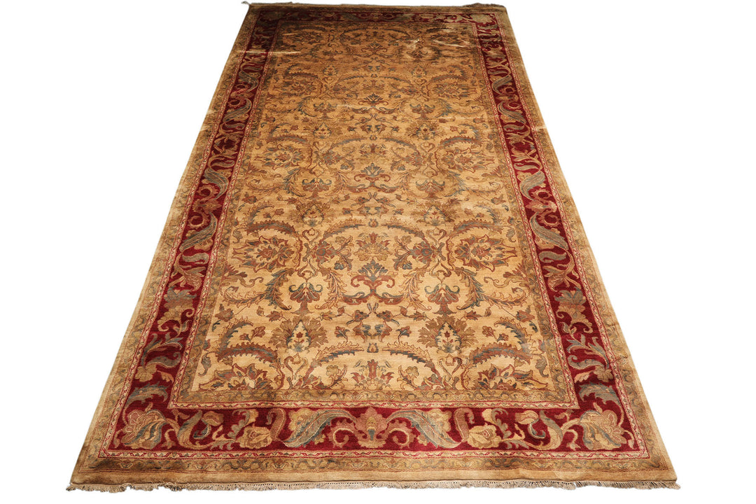9x18 Beige, Tan, Burgundy Color Hand Knotted Agra Wool Traditional Oriental Rug