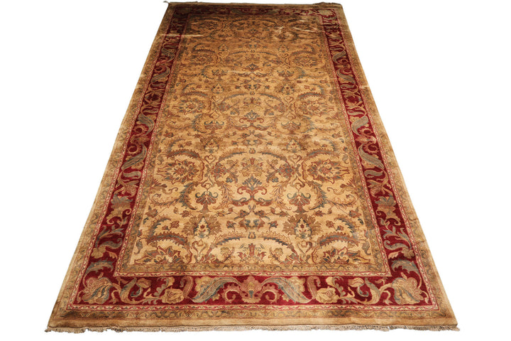 9x18 Beige, Tan, Burgundy Color Hand Knotted Agra Wool Traditional Oriental Rug