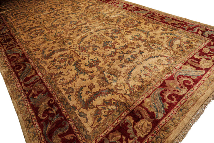 9x18 Beige, Tan, Burgundy Color Hand Knotted Agra Wool Traditional Oriental Rug
