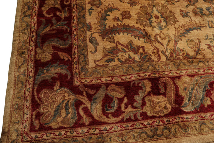 9x18 Beige, Tan, Burgundy Color Hand Knotted Agra Wool Traditional Oriental Rug