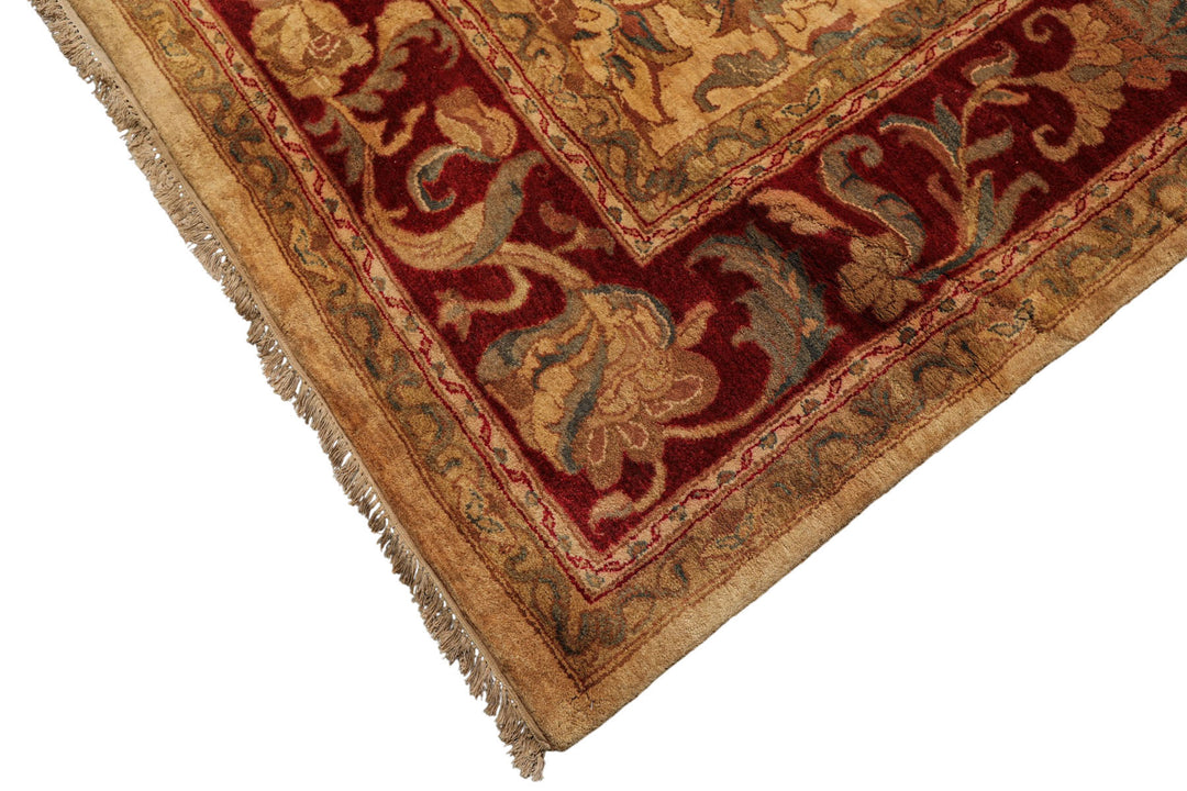 9x18 Beige, Tan, Burgundy Color Hand Knotted Agra Wool Traditional Oriental Rug
