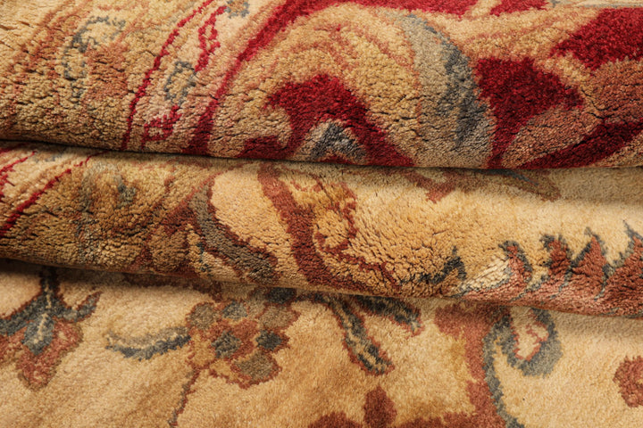 9x18 Beige, Tan, Burgundy Color Hand Knotted Agra Wool Traditional Oriental Rug