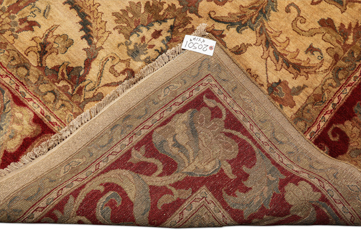9x18 Beige, Tan, Burgundy Color Hand Knotted Agra Wool Traditional Oriental Rug