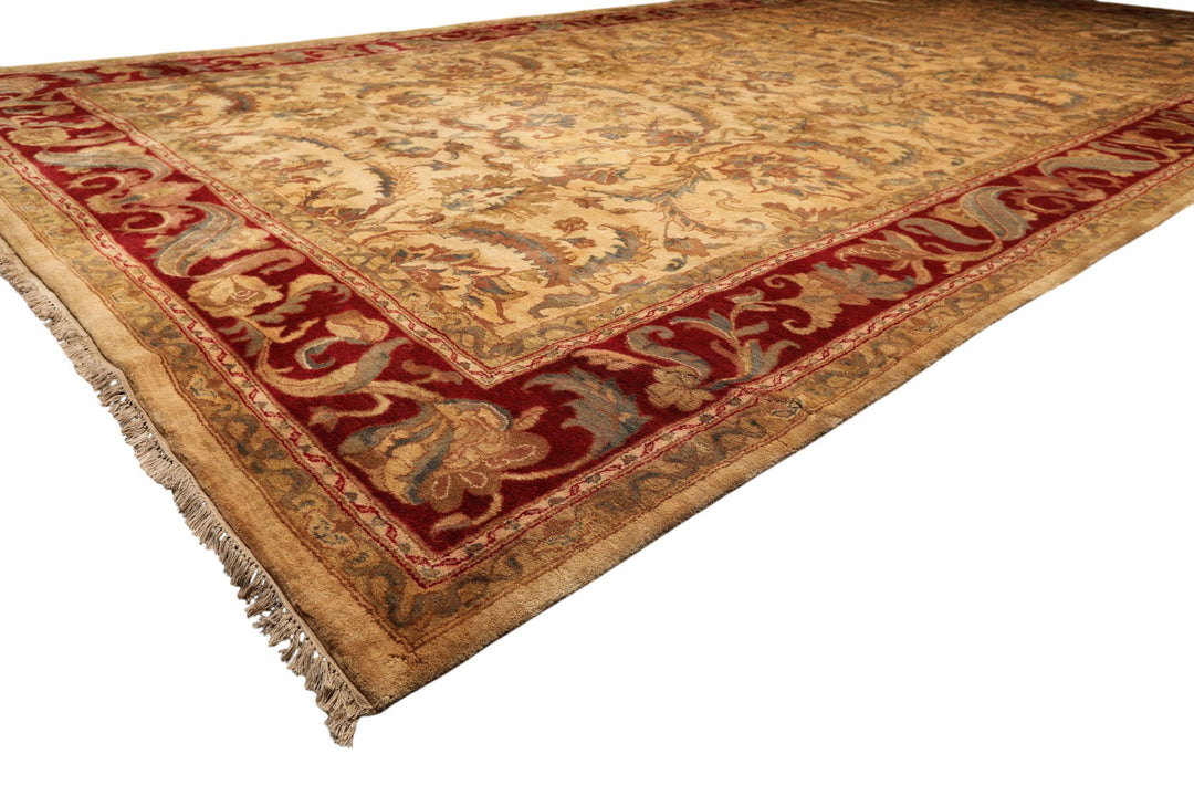 9x18 Beige, Tan, Burgundy Color Hand Knotted Agra Wool Traditional Oriental Rug