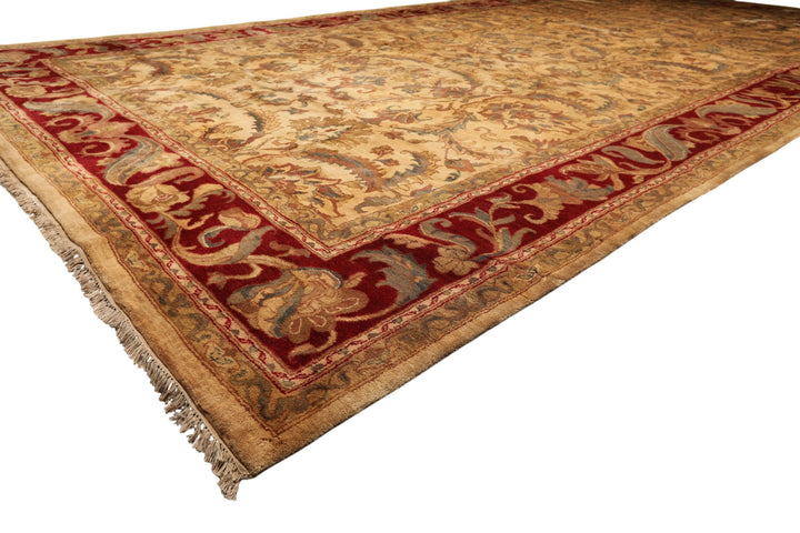 9x18 Beige, Tan, Burgundy Color Hand Knotted Agra Wool Traditional Oriental Rug