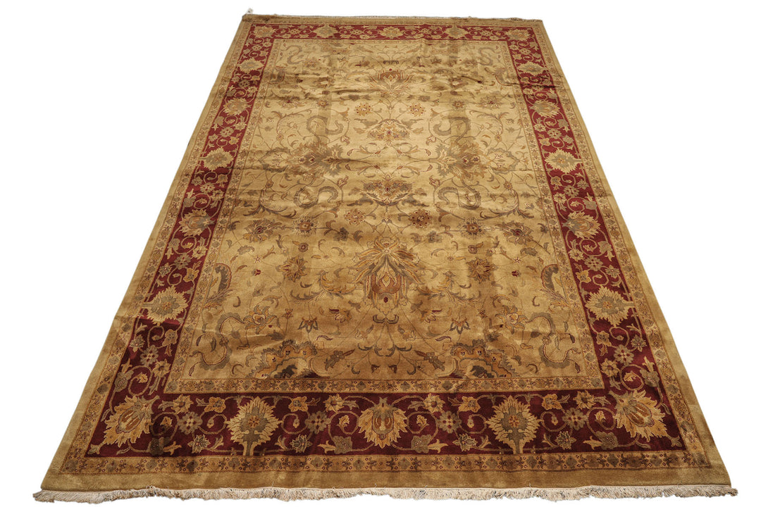10x14 Light Gold, Maroon, Sage Color Hand Knotted Agra Wool Traditional Oriental Rug