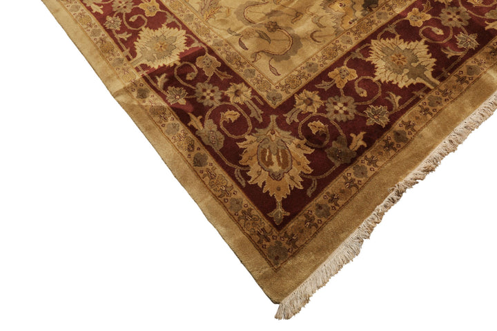 10x14 Light Gold, Maroon, Sage Color Hand Knotted Agra Wool Traditional Oriental Rug